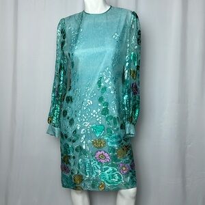 Richilene NY for Saks Vintage Silk Chiffon Cut Velvet Long Sleeve Cocktail Dress